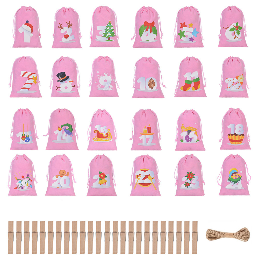 핑크 모델, 7*9cm(싱글백 사이즈), 크리스마스 캘린더 백(백 24개 + 클립 24개 + 대마줄 10m)