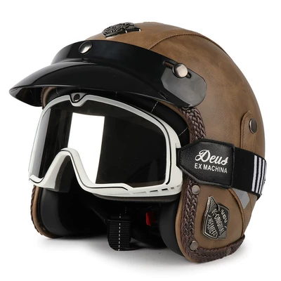 Certified Retro Cruise Motorcycle Helmet, Motosiklet dəbilqələri - m-brown-black-and-white-striped-large-frame-goggles-free-hat-brim-face-towel