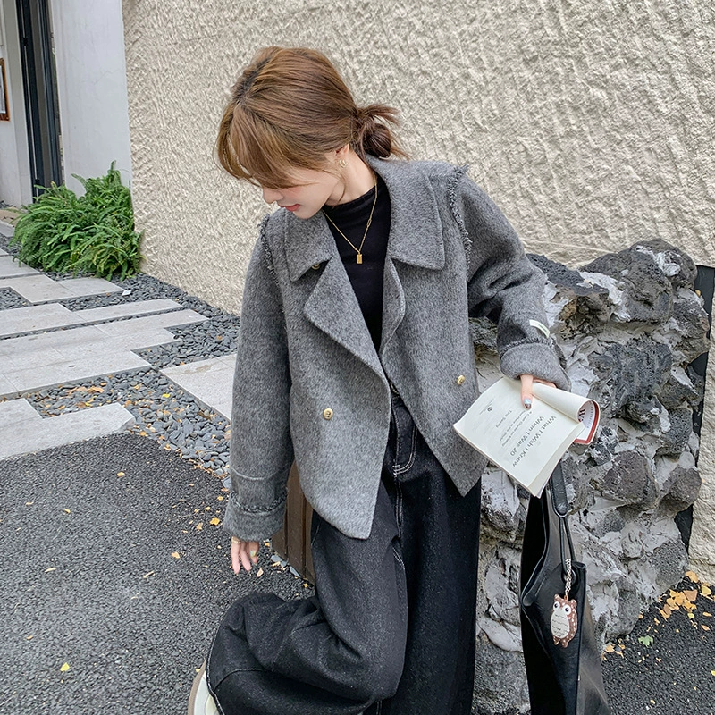 Серое маленькое ароматное двухстороннее кашемировое пальто женское 2025 весна новый супер красивый шерстяное пальто