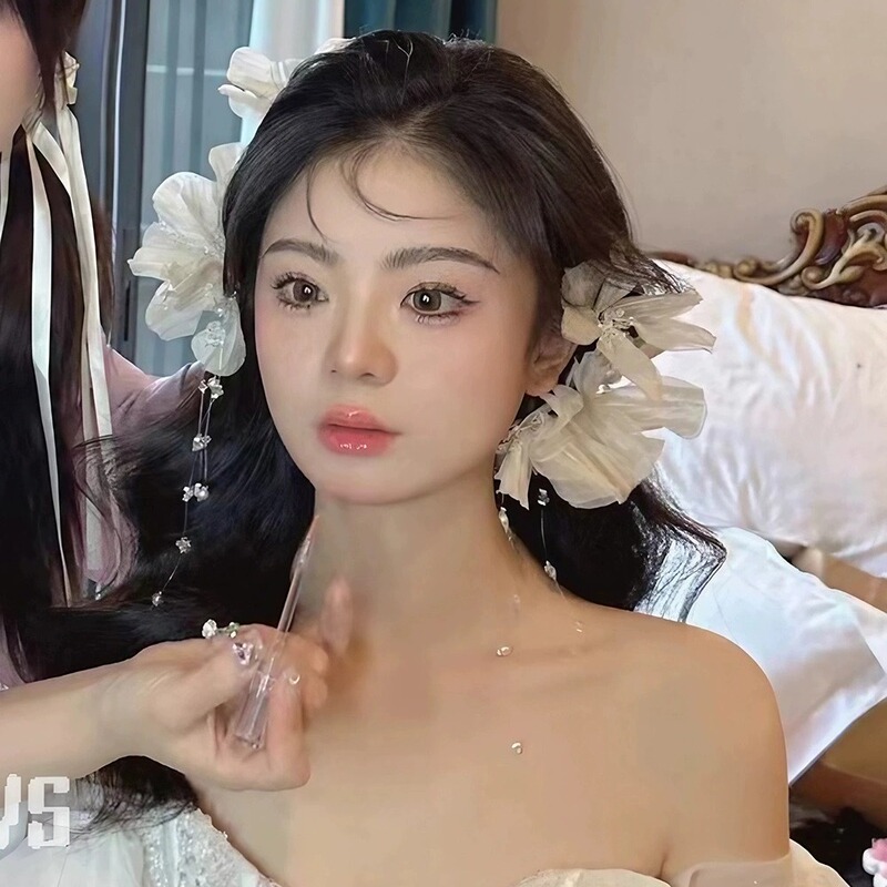 Light brown headdress flower bridal headdress hairpin fairy exaggerated flower hair accessories tassel Mori wedding accessories wedding