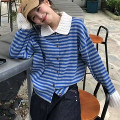 欧洲站女装毛衣2025秋冬新款条纹POLO领长袖针织毛衣小个子上衣潮