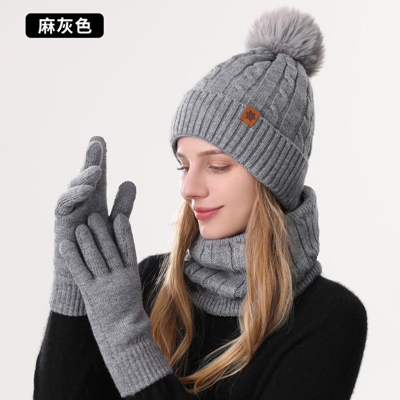 定制冬季针织帽 手套帽子围脖三件套冬季女士户外骑行双层针织帽|undefined