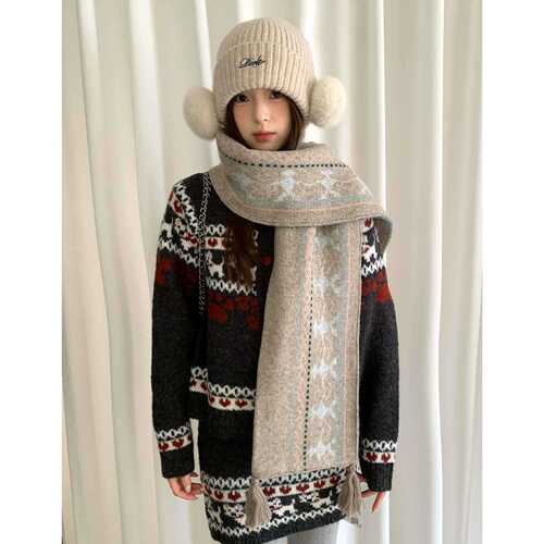 Fair Isle Pattern Knitted Scarf for Women 2025 New Arrival Autumn/Winter Atmospheric Sensation Thick Warm Woolen Neck Wrap Versatile