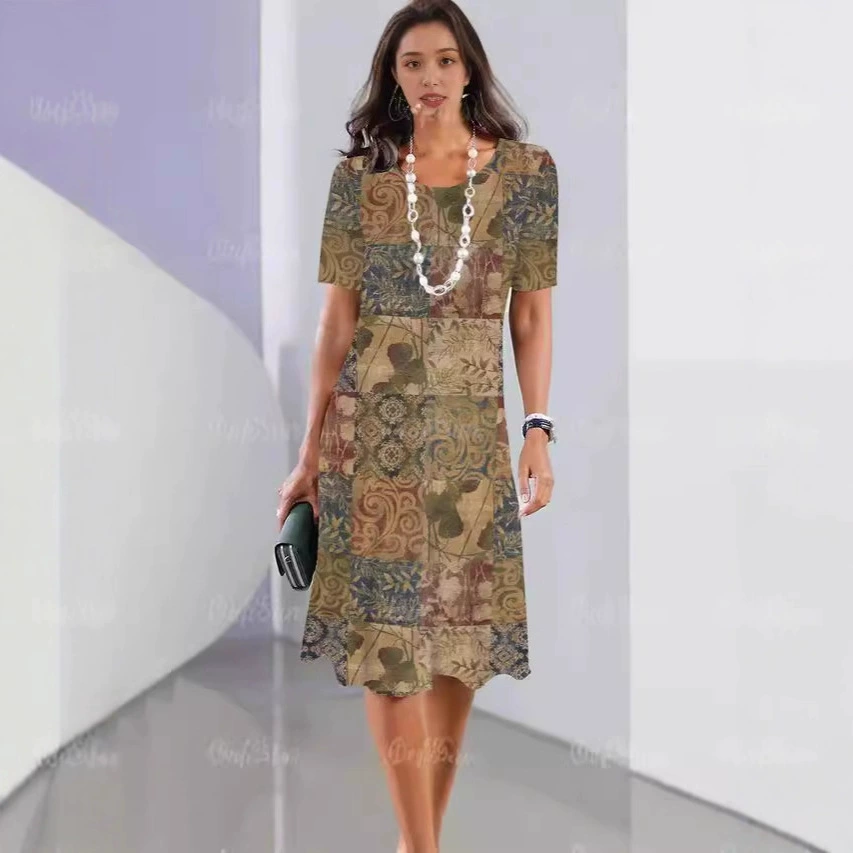 Летняя женская одежда с короткими рукавами платье с нерегулярным принтом длинное платье 3d ретро женская женская свободная рубашка с круглым вырезом