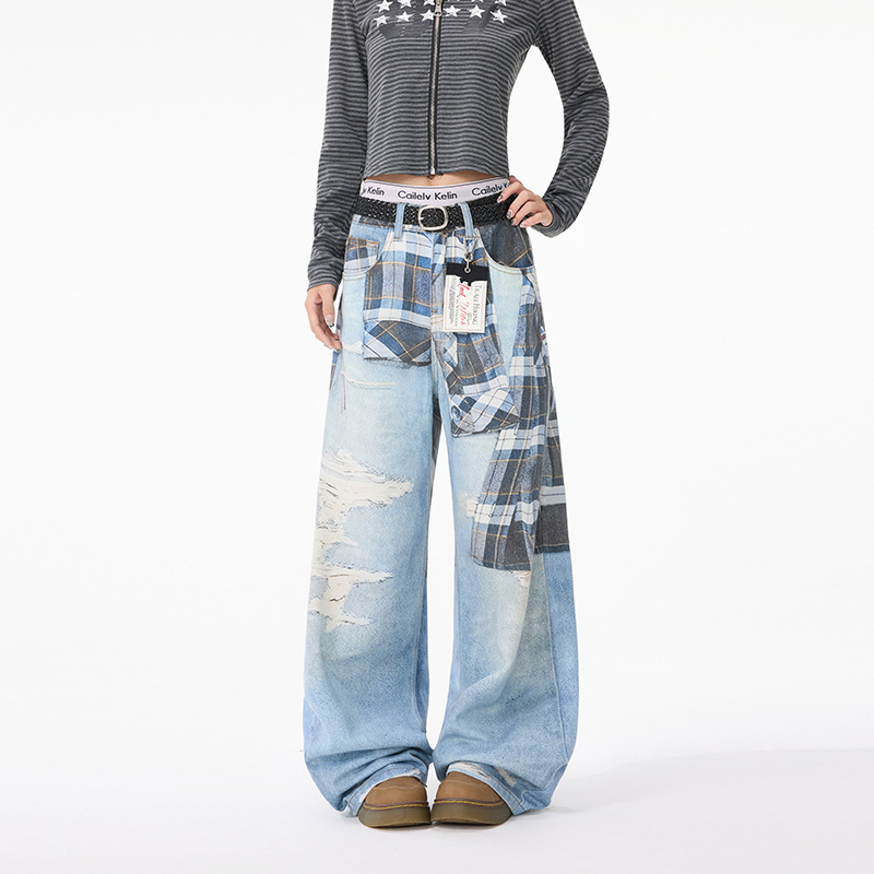 American Retro Plaid Shirt with Printed Ripped Design Jeans for Men and Women, New Autumn High Street Fashion Brand Straight Pants