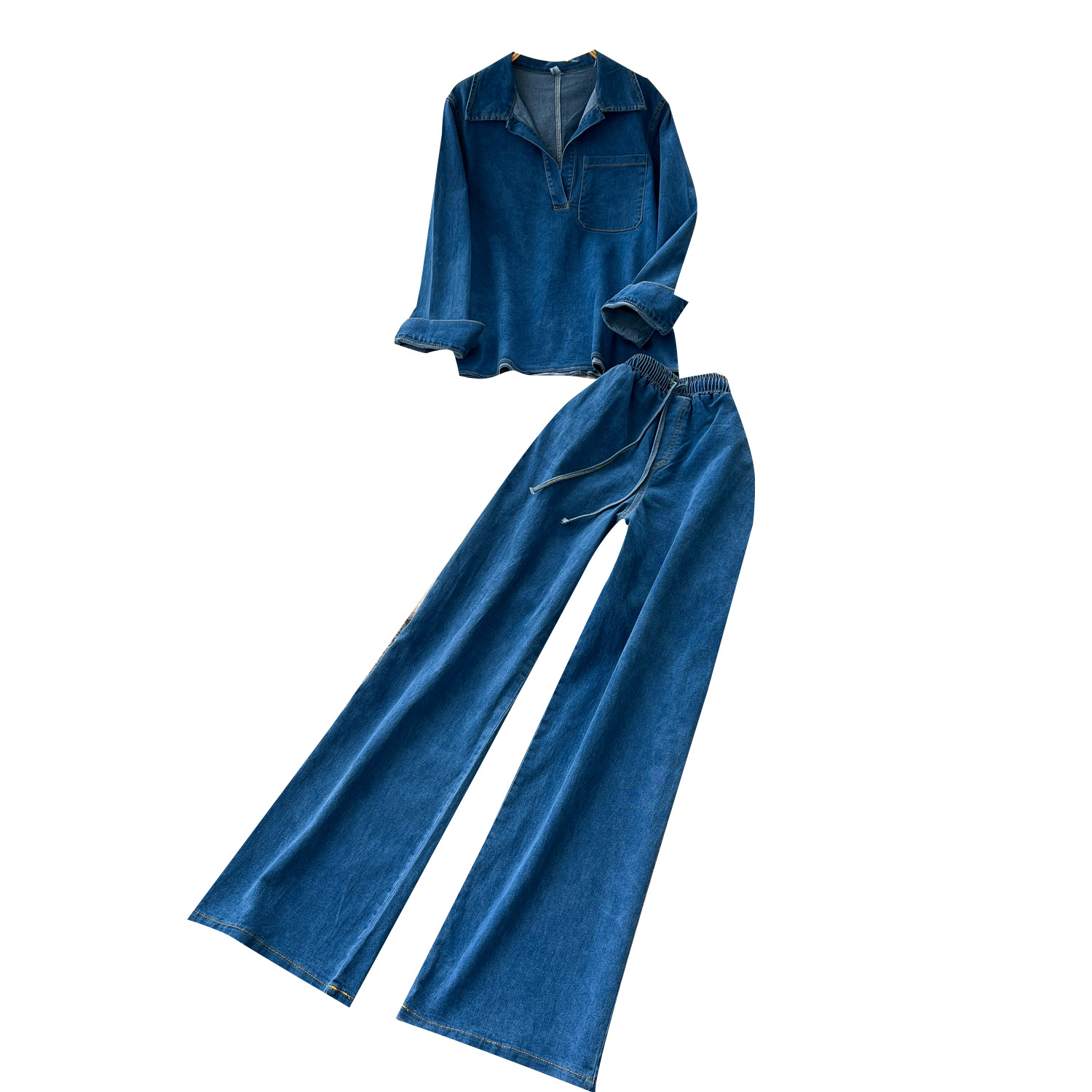 Women's Retro High-Waisted Wide-Leg Denim Pants Set With Long Sleeves Casual Autumn Fashion Top And Bottom Piece_ecoleips.com