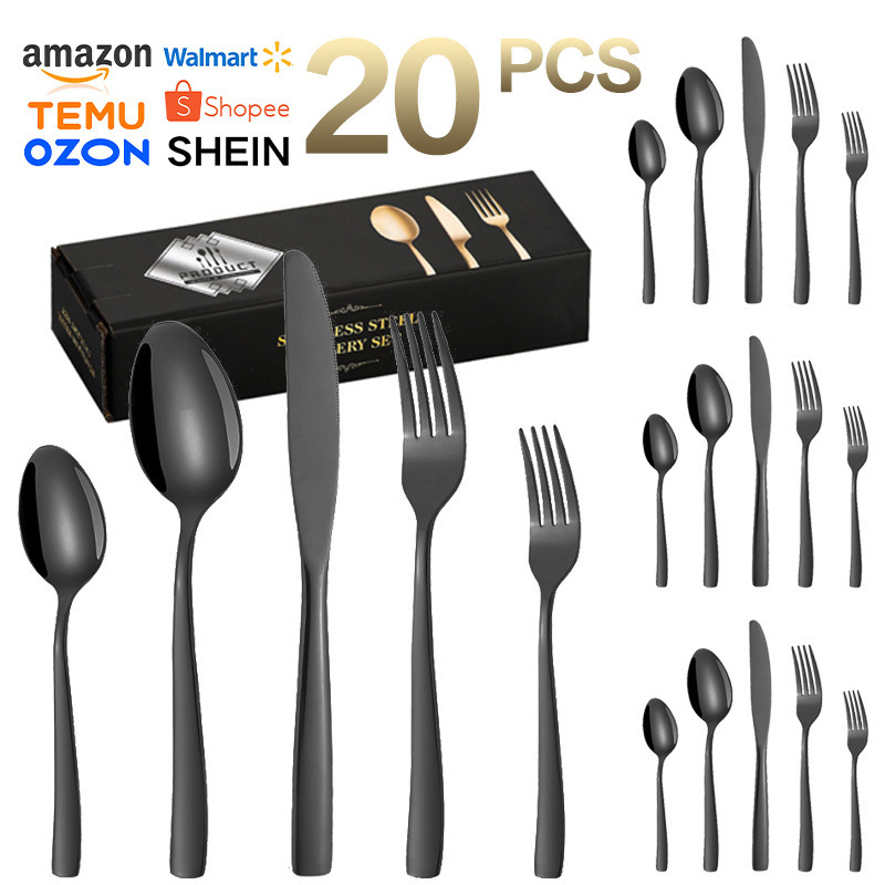 Vajilla de acero inoxidable con cuerpo desnudo de mango cuadrado TEMU transfronterizo para banquetes de boda hotel bistec cuchillo y tenedor comida occidental cuchillo, tenedor y cuchara juego de 20 piezas