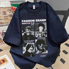 190克重磅新疆棉欧美风拼接图片人像印花街头复古oversize短袖T恤