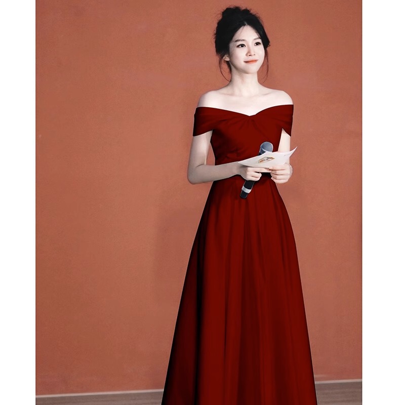 Off-shoulder evening dress elegant long annual meeting host student art exam adult ceremony toast dress bride back-to-door dress