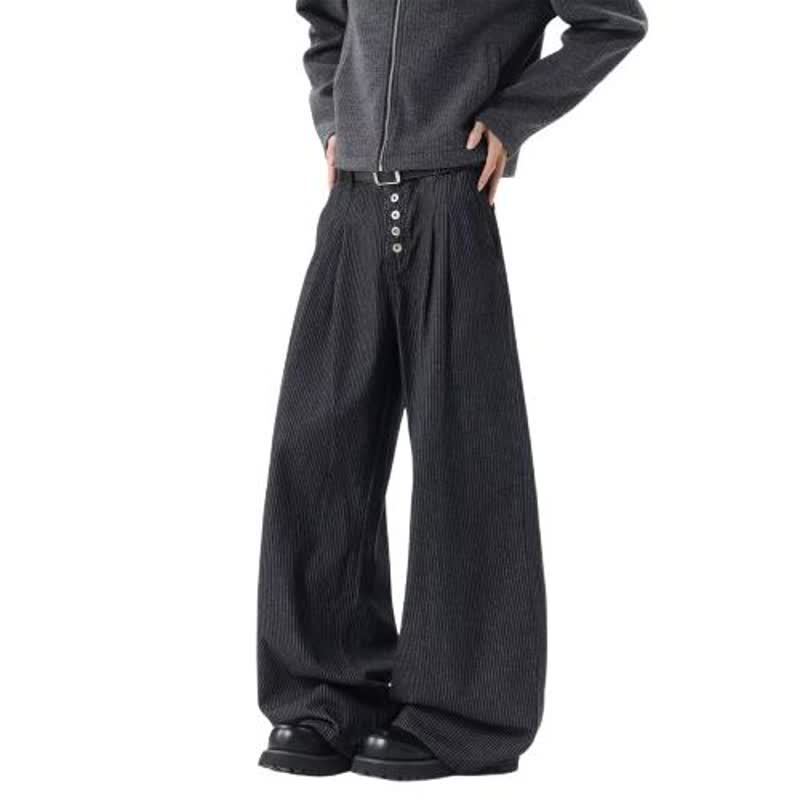 Cross-Border Foreign Trade American-Style Double-Pleated Denim Dress Pants for Men, Trendy A-Line Striped Casual Pants with a Slimming Drape and Scimitar Hem