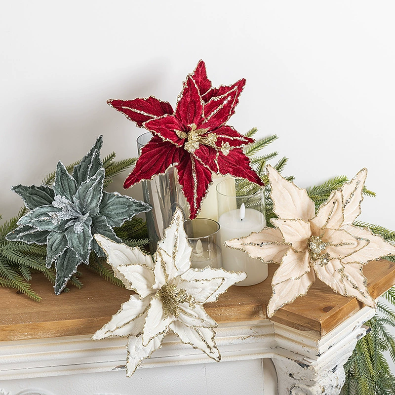 Вельветовая декоративная poinsettia (цветок) 26 см, блестящая окантовка, красный/зеленый/платиновый/шампанское золото