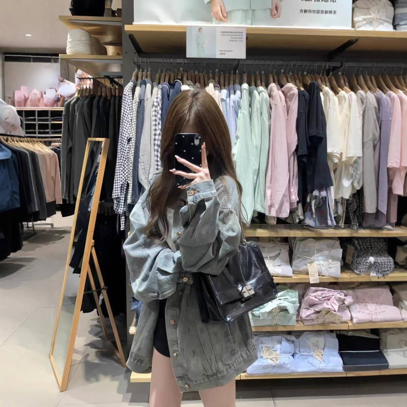 美式复古水洗蓝牛仔外套女生秋季新款宽松慵懒夹克翻领休闲上衣潮|undefined