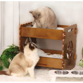 复古色木质双层猫窝多猫上下铺四季通用可拆洗猫床防潮离地小别墅
