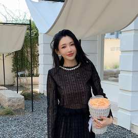 黑色长袖蕾丝衫上衣高腰半身百褶长裙时尚两件套装 这里是上衣