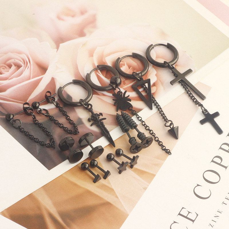 17 Pieces Set Men Stud Earrings Stainless Steel Pierced Earrings Set Black Silver Cross Earrings detail image 22
