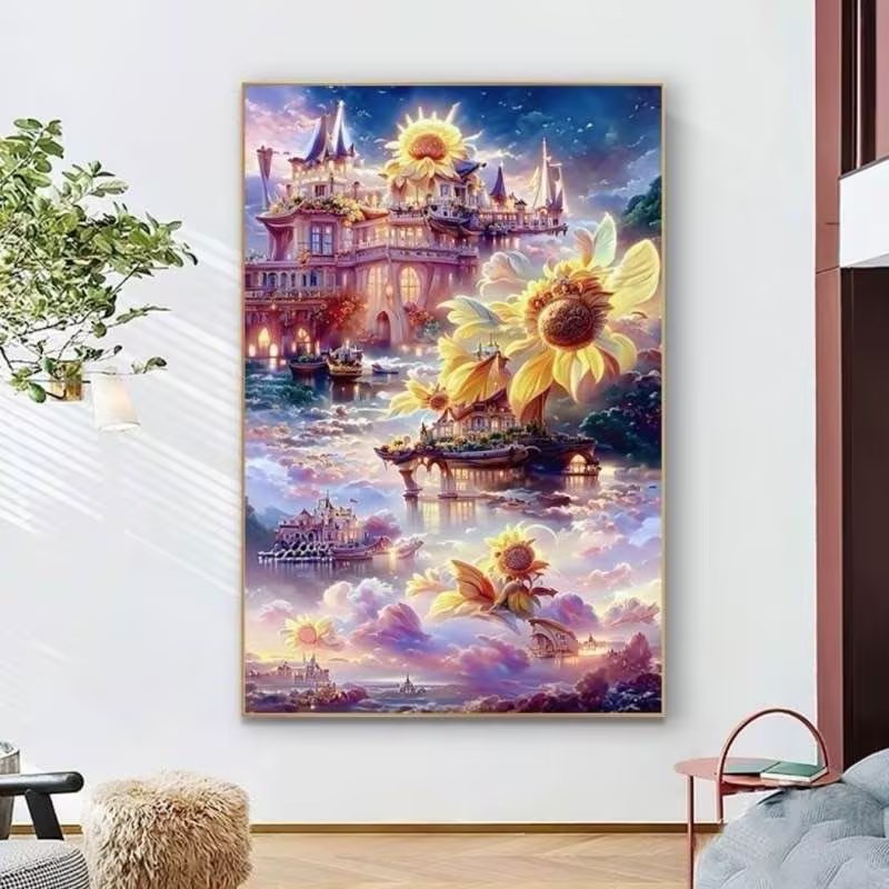 Mona Lisa real bordado cruzado diy material paquete girasol castillo paisaje romántico de ensueño 37 bordado completo