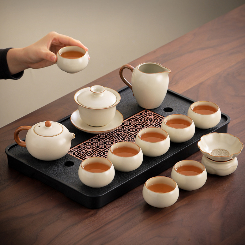 汝窑茶壶盖碗杯子功夫茶具套装2025新款家用轻奢高档办公喝茶整套