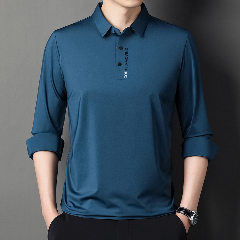 New Men's Long-Sleeved Fully Seamless Polo Shirt Pure Color Lapel Button Open Sleeves High Elastic Slim Fit Comfortable Men's Clothing