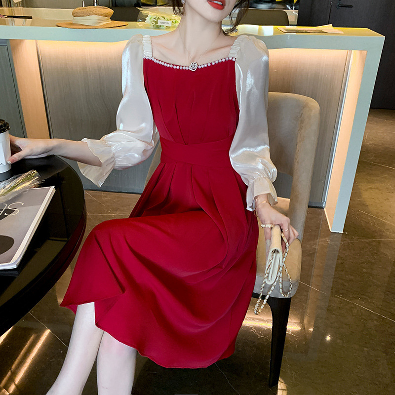 Cross-Border Temu Shein Amazon Original Quality French Red Dress Waist Mid-Length Skirt Dress