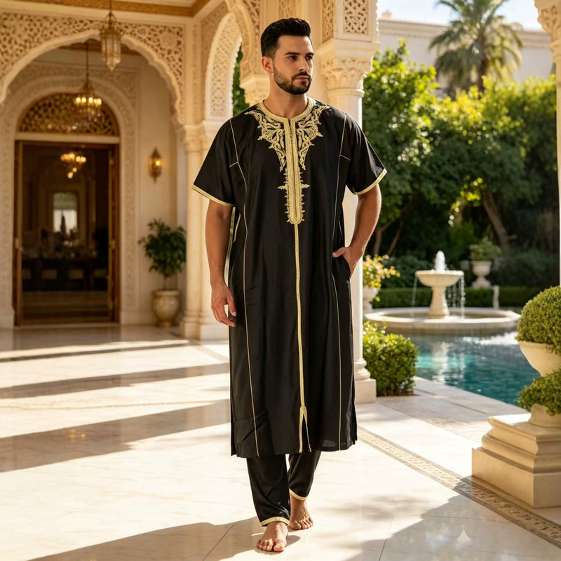 2026 African Hot-Selling Moroccan Ethnic Style Long-Sleeve Suit with Ribbon Trim Men's Robe