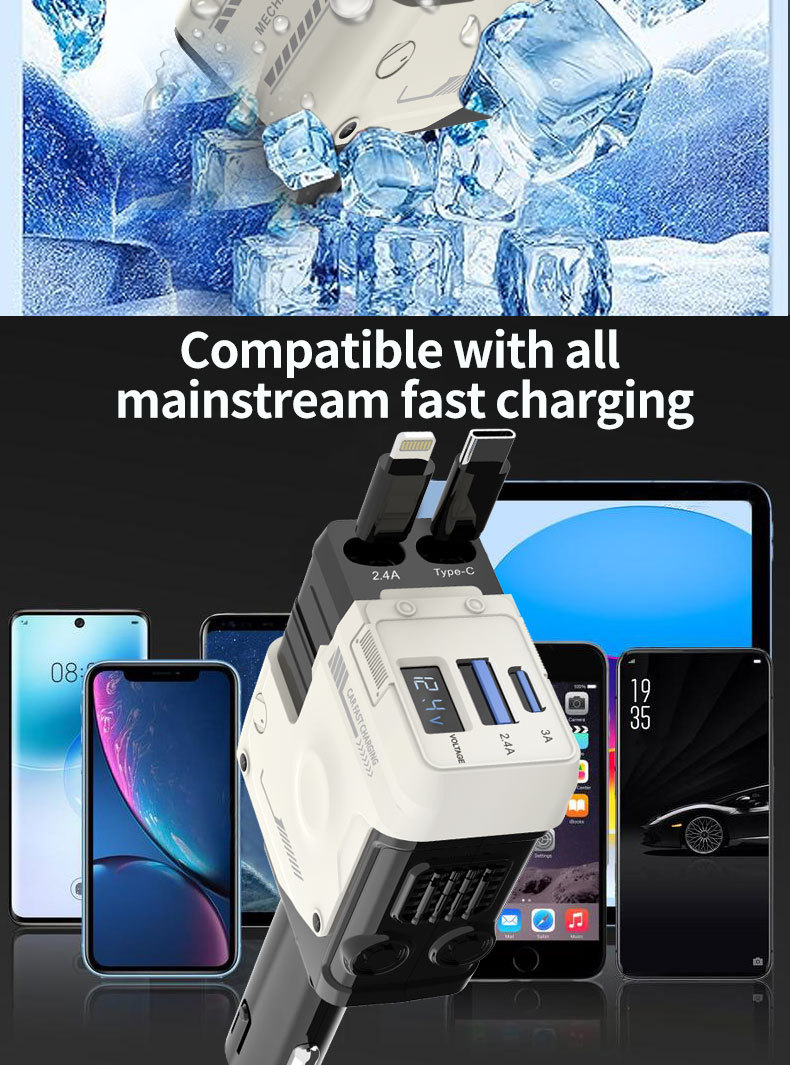 Mecha Car Charger 120W Super Fast Charging Car Mobile Phone Charger with Built-In Retractable Cable and Digital Display Car Charger