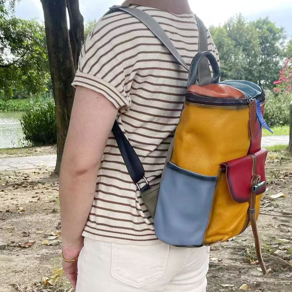 Women's Backpack, Hand Painted Cowhide Bucket Shoulder Bag_voghion.com