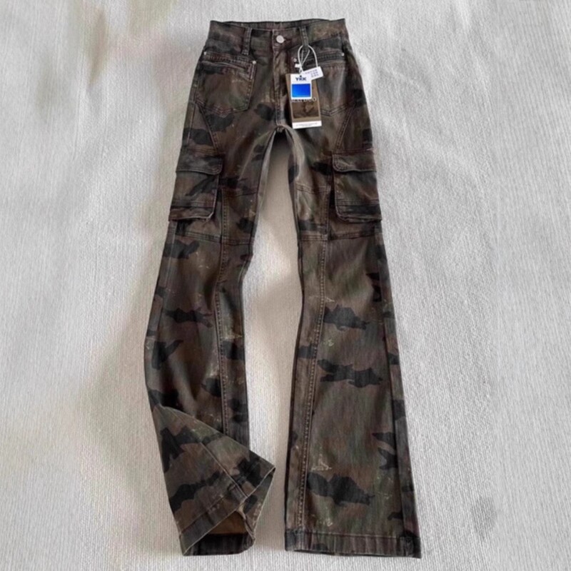 American Retro Camouflage Jeans for Women, Slim Fit Lumberjack Cargo Pants, American High Street Casual Versatile Women's Pants