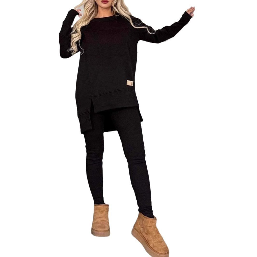 Women's Clothing autumn and winter hot selling women's tops slit long sleeved round neck casual solid color suit_voghion.com