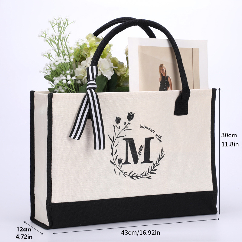 Borsa da spiaggia per la spesa portatile da donna in tela con lettere personalizzate in cotone e cuciture_voghion.com