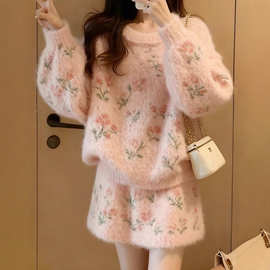 温柔慵懒风高领针织毛衣半身裙两件套女秋冬大码套装气质简约长袖