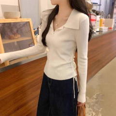 原版质量纯色polo领2025新款抽绳修身长袖针织衫显瘦百搭上衣女