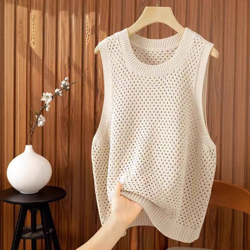 Spring and Summer Knitted Vest for Women, Fashionable Versatile Vest, Stylish Round-Neck Sweater, Hollow-Out Outerwear, Layered Vest