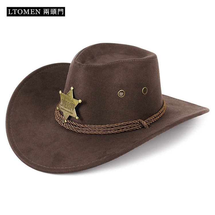 Two-Door Metal Six-Pointed Star Badge Western Cowboy Hat for Men and Women with Large Brim Outdoor Horseback Riding Sun Protection Travel