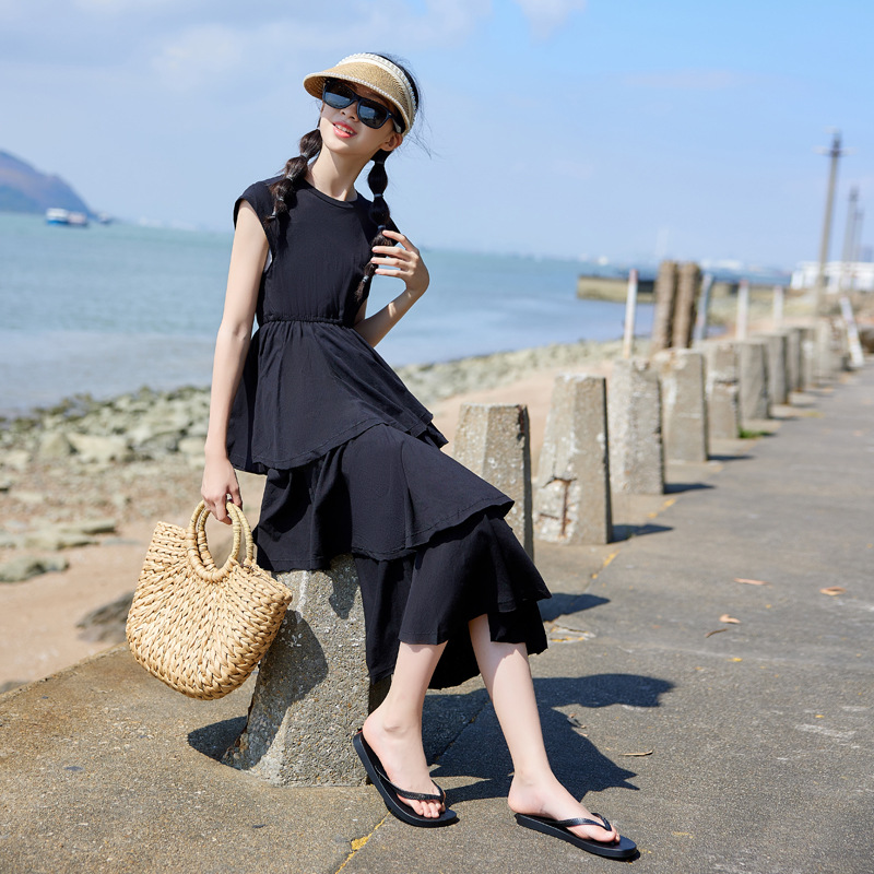 Ropa de estilo japonés para niños vestido negro de verano para niñas 2024 nueva falda de pastel para niños vestido de princesa para niñas de longitud media