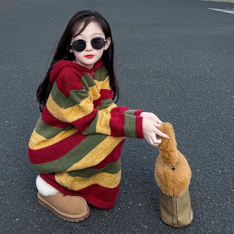 女童长款过膝毛衣针织连帽连衣裙秋冬2025新款洋气童装小女孩冬装