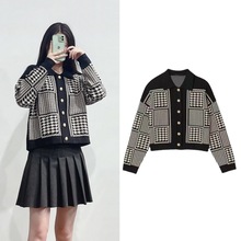 跨境女装秋冬女装法式复古千鸟格毛衣外套女POLO翻领长袖针织开衫