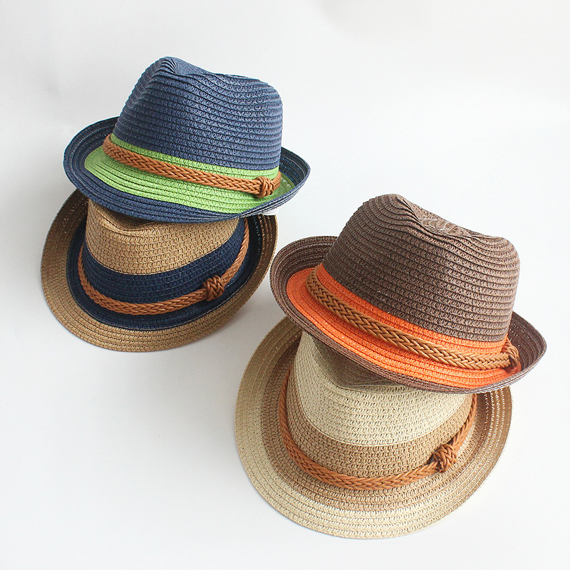 80g Weight Children Unisex Fashion Color Block Crimping Straw Hat