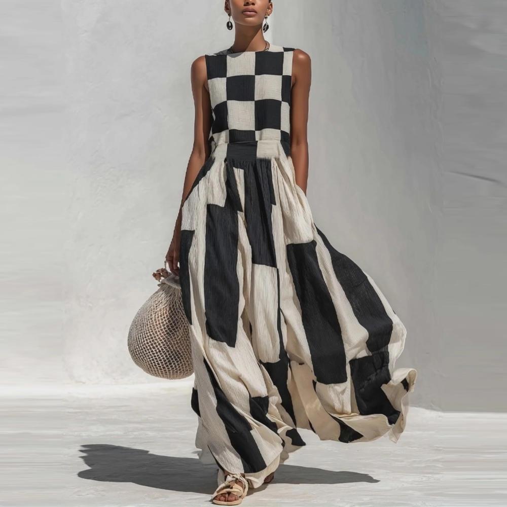 Amazon's 2026 Summer New European and American Cross-Border Sleeveless Elegant Casual Black and White Plaid Long Dress