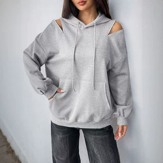 欧美跨境女装新款长袖抽绳连帽套头卫衣女纯色高级灰漏肩口袋卫衣