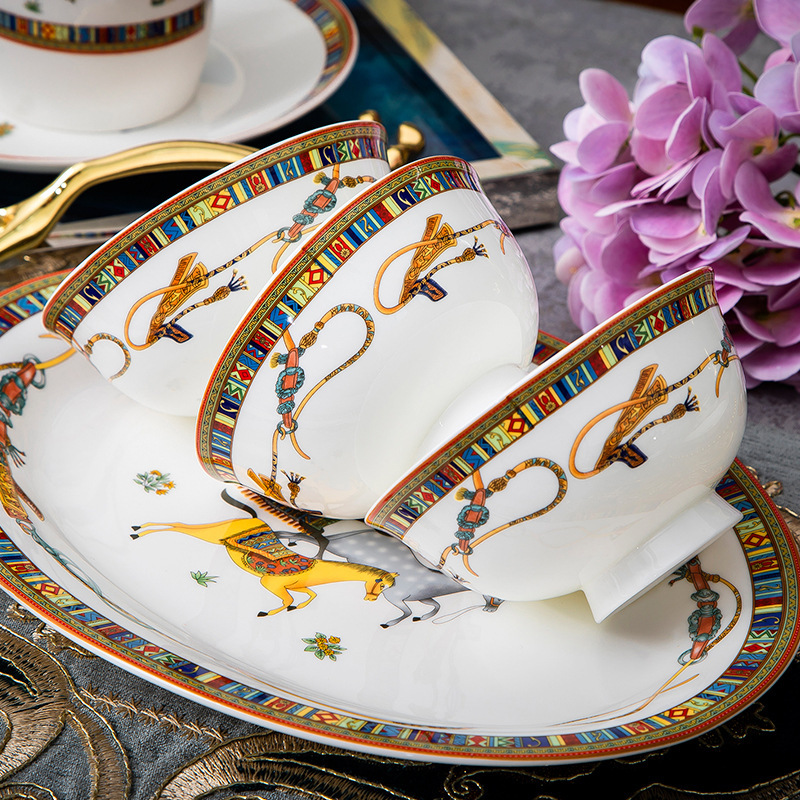 Ceramic Rice Bowl Tableware European Style Household Set Tall Bone China Noodle Bowl Large Soup Bowl Microwave Oven Large Bowl