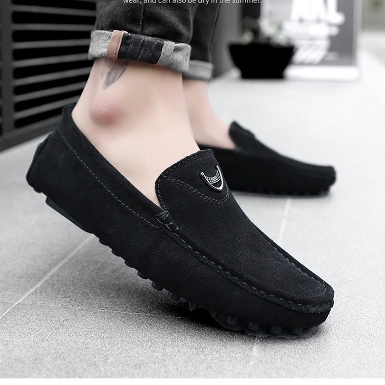 2025 verano nuevos zapatos Bean zapatos de hombre de cuero genuino esmerizado estilo coreano zapatos negros casuales de un solo pie con un par de zapatos
