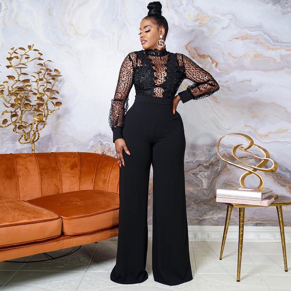 high-neck sequined lace see-through long-sleeved loose jumpsuit NSCYF136093