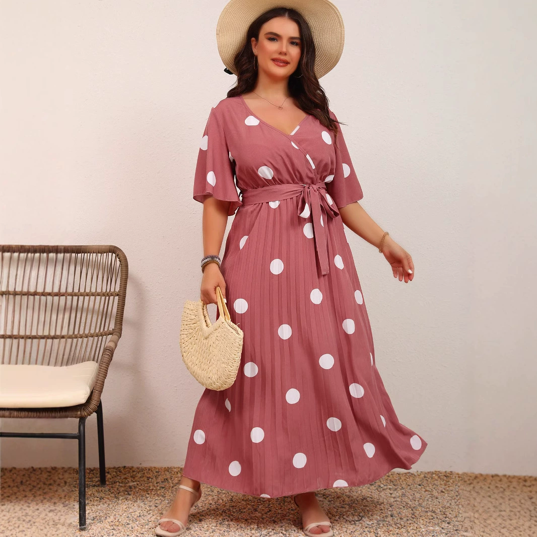 Европейское и американское трансграничное модное платье с большой волной с принтом V-образным вырезом