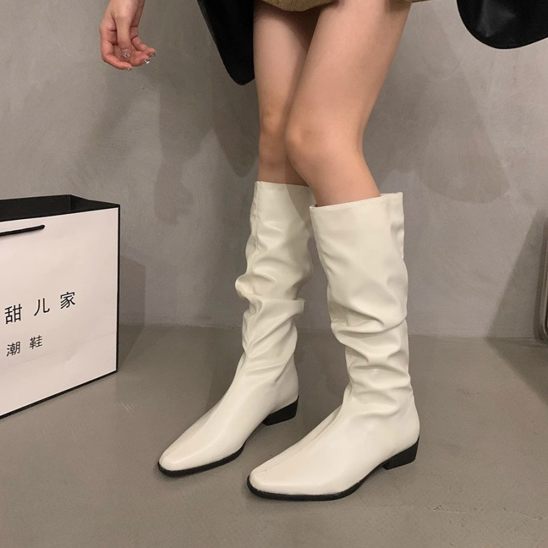 厚底ヒールプリーツロングチューブナイトブーツ婦人靴2025春秋新作ウエスタンスリムミッドカーフロングブーツ|undefined