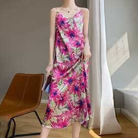 气质顺滑真丝缎面连衣裙女2024新款V领夏季薄款桑蚕丝印 花长裙子