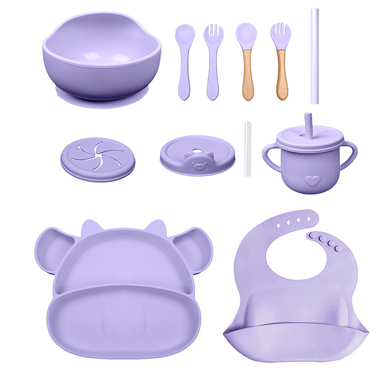 Conjunto de cubiertos para niños tazón de alimentos suplementarios platos de silicona tazón de cuchara de tenedor bib taza de agua de grado alimenticio para bebés alimentación suplementaria