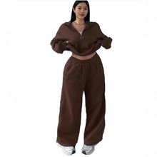 2025欧美跨境休闲女装时尚半开襟套头卫衣长裤两件套休闲秋冬款