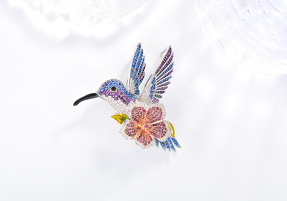Enamel hummingbird flower brooch, European and American vintage full-diamond brooch, dress and suit accessory, available for one-piece drop shipping