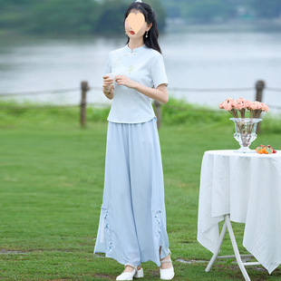 Chinese-Style Improved Cheongsam Embroidered Stand-Up Collar Short-Sleeved Buttoned Beaded Top + Embroidered Pants Two-Piece Set