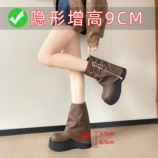 Thick bottom fried street trouser boots women's 2025 new western Denim motorcycle boots small person belt buckle inside heightening short boots